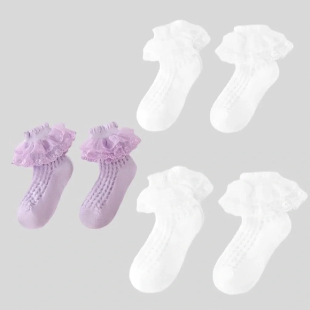 PATPAT baby girls Lace Trim Mesh Thin Socks Bundle of 3 - Mixed Sizes